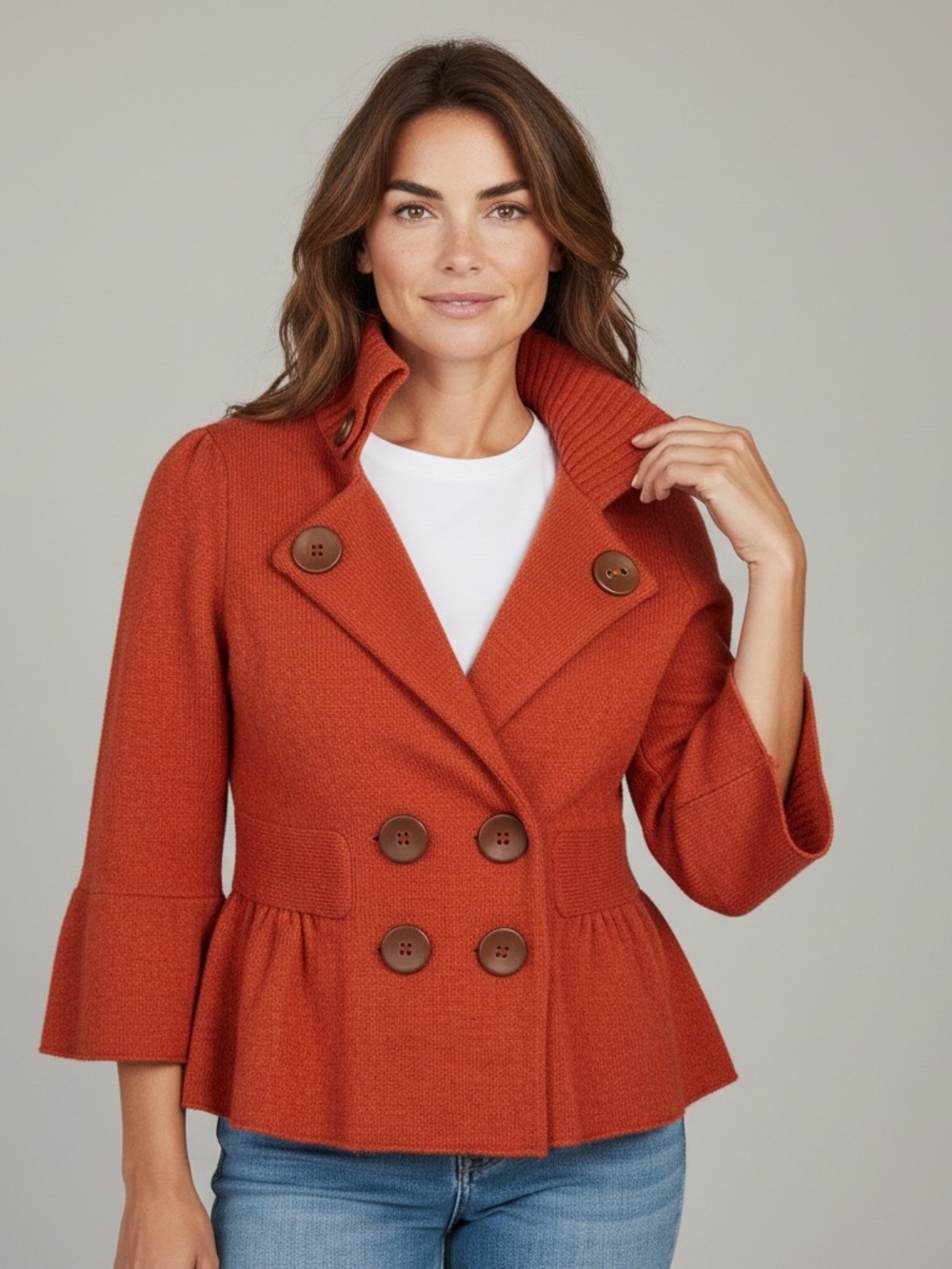 Anthropologie Charlie & Robin Wool Sweater Jacket M Orange Peplum Bell Sleeve